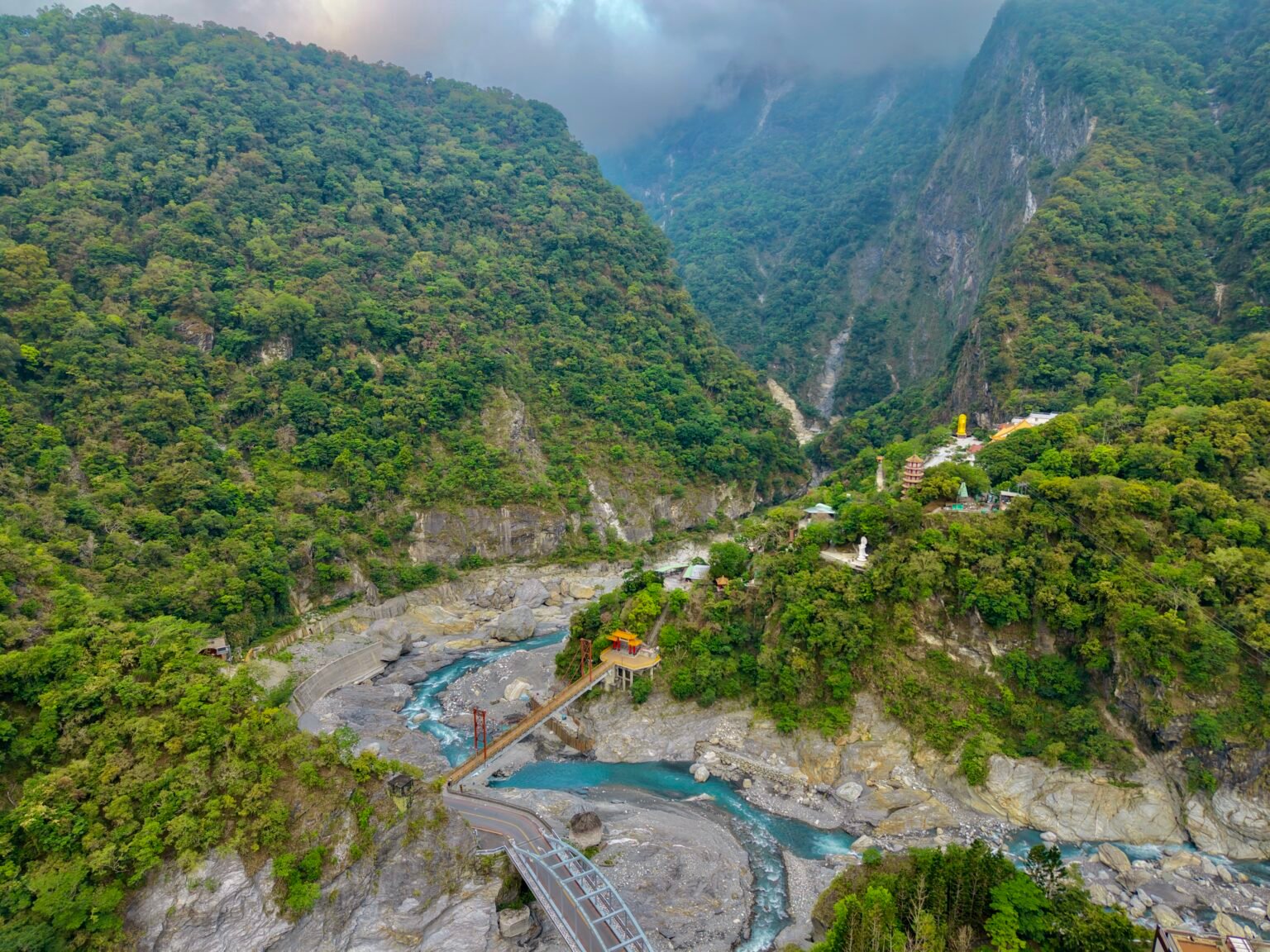 Aerial view across a mountain valley