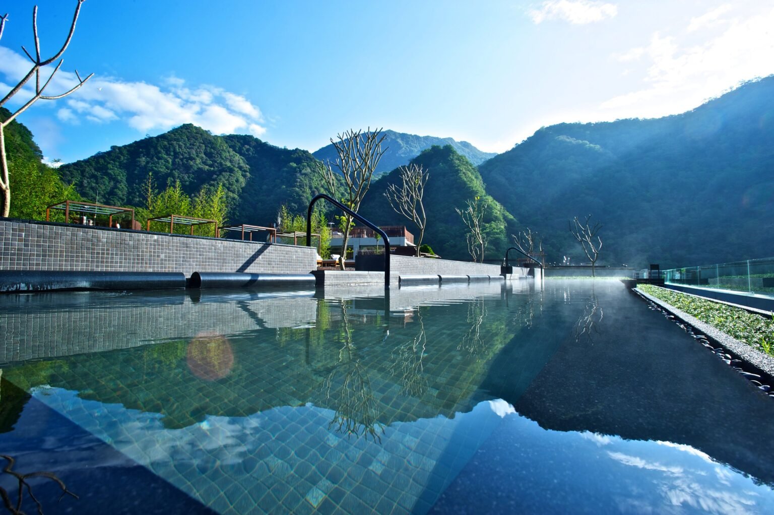 Quiet pool overlooking a mountain landscape