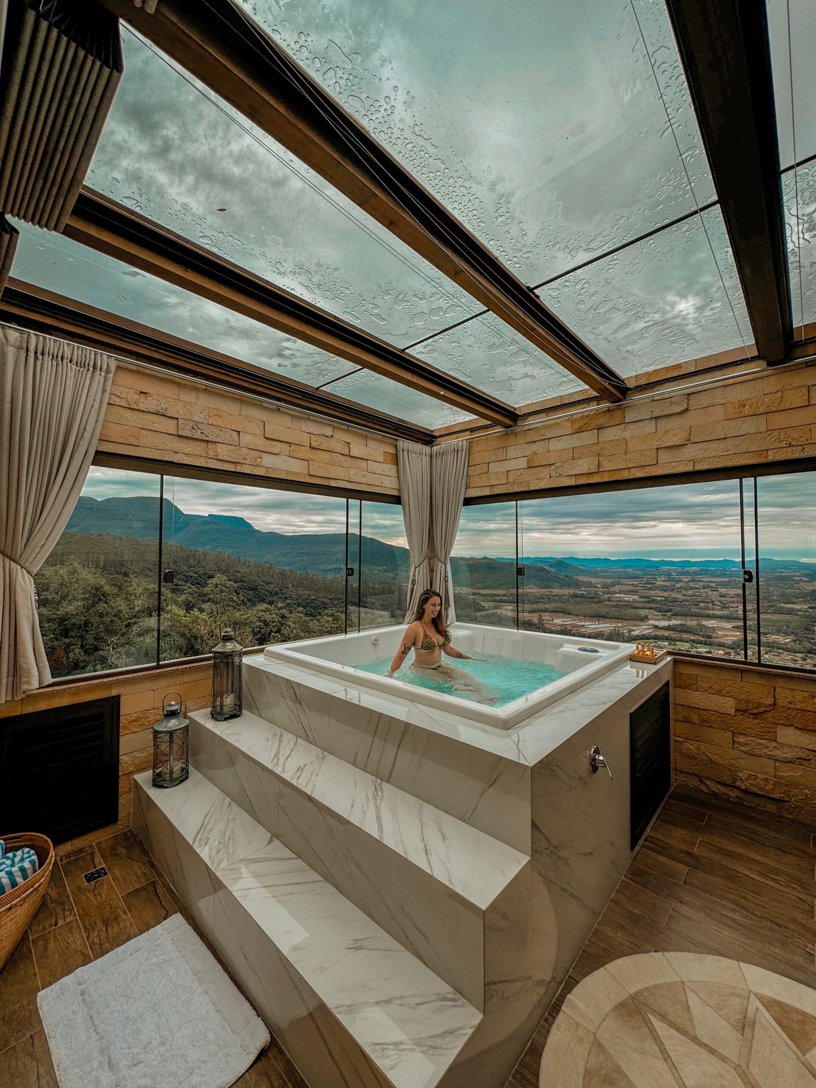 Interior opening toward a mountain landscape