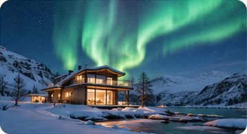 Winter lodge beneath the northern lights